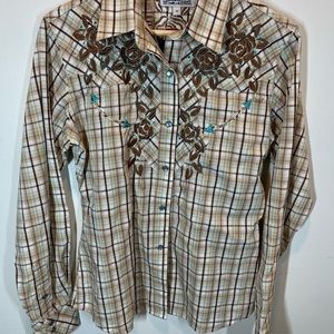 Panhandle Slim Western Shirt Women's M Plaid Button Up Long Sleeve Embroidered